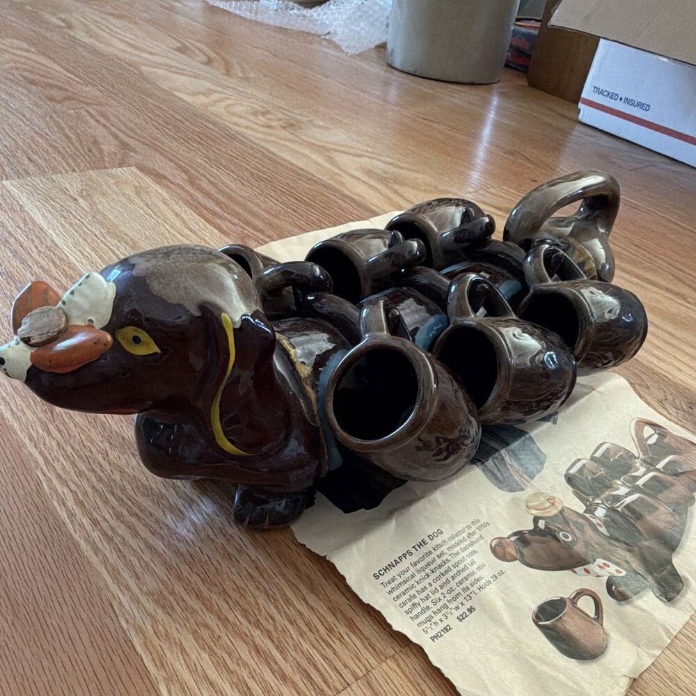 Ceramic Dachshund Dog Figural “Schnapps” Mug Set decanter MINT CONDITION